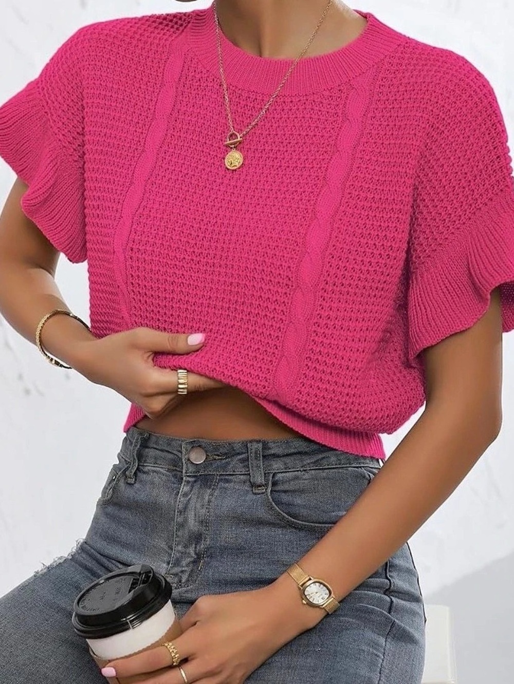 Pink Knit Ruffle Sleeve Sweater
